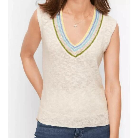 Talbots Linen Blend Sweater Vest Womens XS White Stripe V Neck Tennis Preppy - Picture 1 of 8
